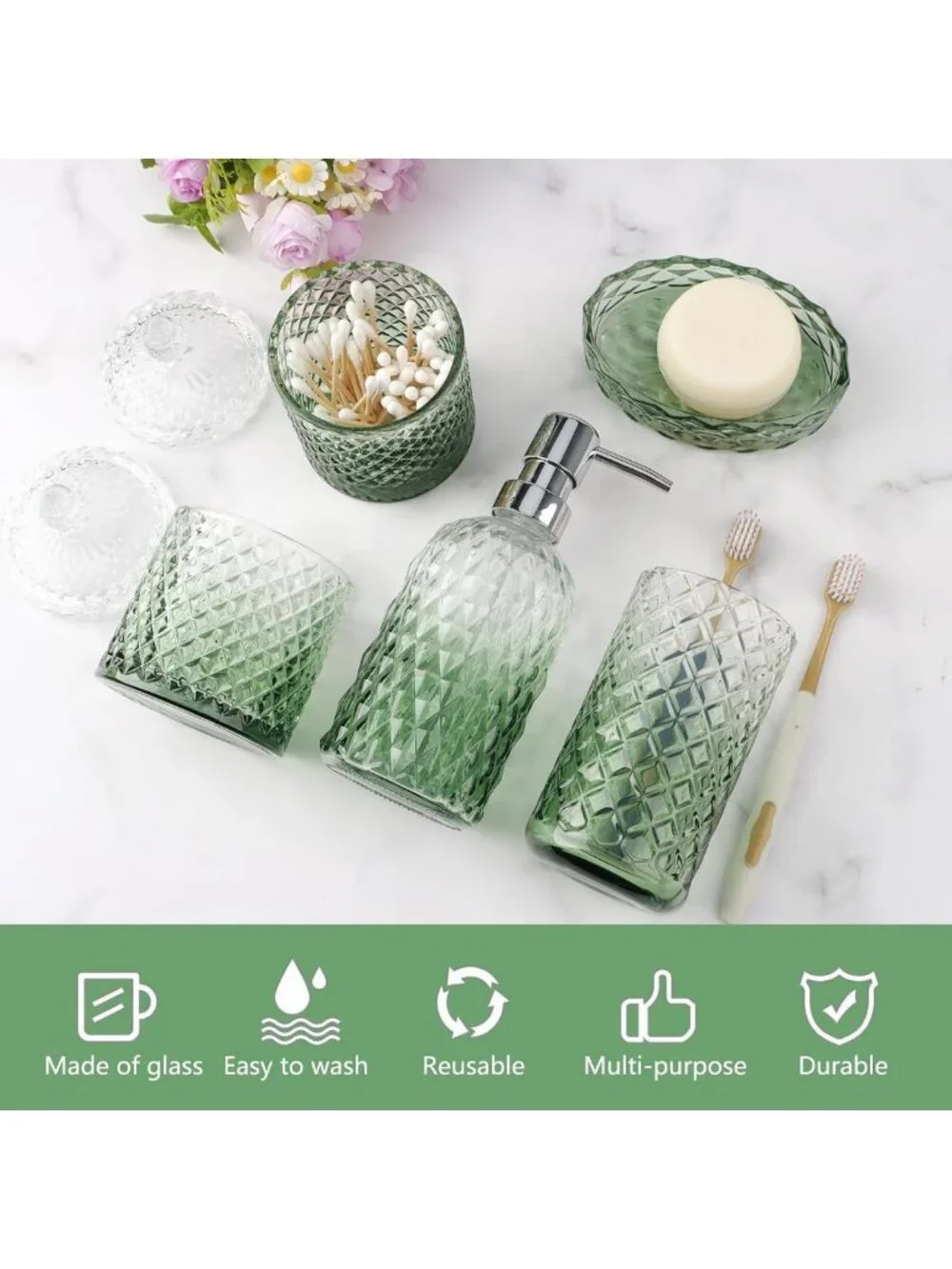 Vintage Green Glass Bathroom Accessories Set - 5-Piece Decorative Home Decor